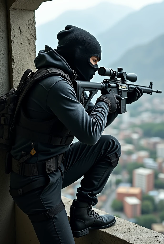 make me a prompt of a sniper person with complete body hands face and foot side view or front view whole body 