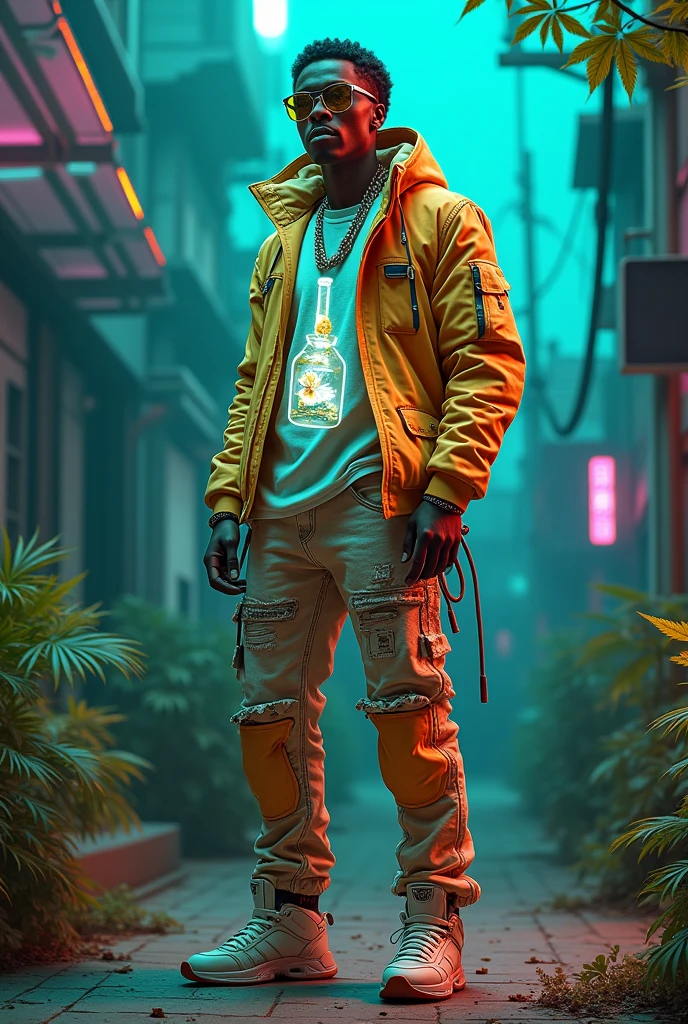 design a 3d luxury business casual vibrant stoner clothes. the middle of the annarack is a anti-gravity bong character with indica floating inside. design matching jeans and t-shirt for the annarack. design a matching skimask, and create stylish shoes to fit the theme. taylor this to the african american community. the brand name l.i.f.t. clothing should be on the clothes.