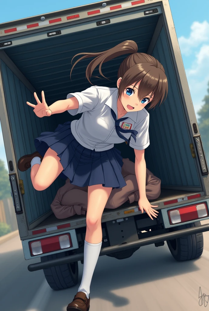 High school girl in uniform with hair in ponytail falling into the truck on top of a lady 