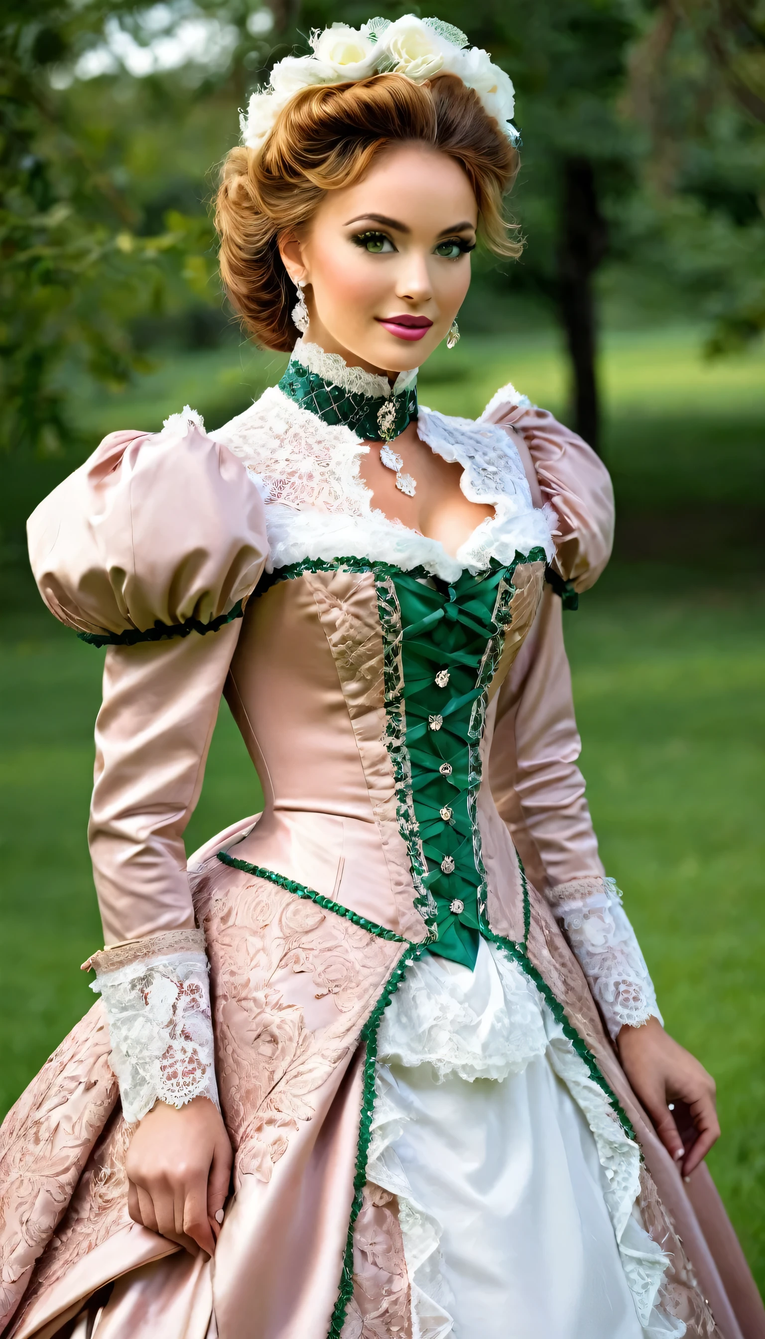 There is a beautiful woman, blue eyed blonde, (in dark-green and white dress), (Victoria style suit), 1 8 7 0 s Seasonal clothing, Victorian Clothes, victory, victorian dress, 1 8 8 0 s style, in victorian aristocrat, usando Victorian Clothes, intricate victorian dress, victorian inspired clothing, com Victorian Clothes, wearing clothes from the 1860s, panier,very long eyelashes, half open mouth, a whole body photo,big diamond collar, big diamond earrings,pink shiny lipgloss, big breasts, very tiny laced waist, corseted women,full body photography, full body shot