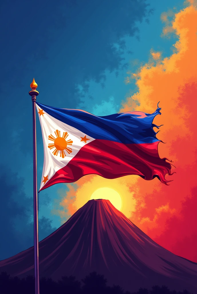 **Drawing Concept: "Philippine Pride"**
1. **Background**: Gradient from blue at the top to red at the bottom.
2. **Main Focus**: Center the Philippine flag waving.
3. **Additional Detail**: Include a landmark like the Rizal Monument or Mayon Volcano behind or below the flag.
4. **Design Elements**:
- Use vibrant colors from the flag.
- Create movement with the flag’s flowing lines.
- Ensure the flag stands out as the focal point.
This simple layout highlights the Philippine flag and