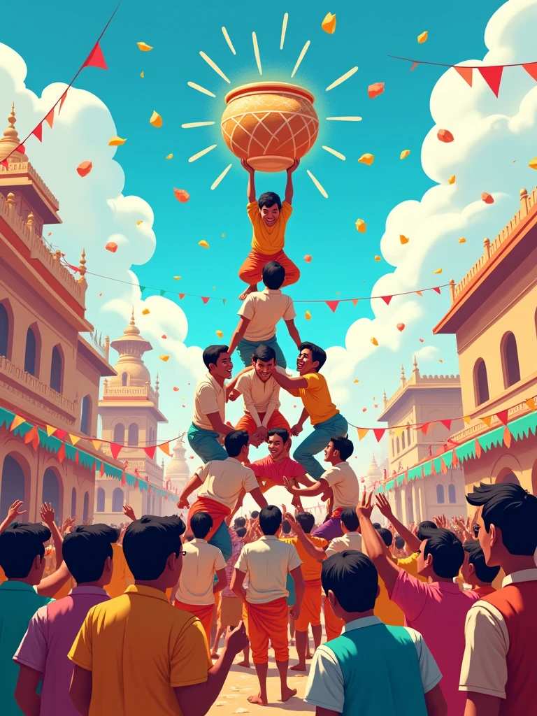 Create a vibrant and festive illustration of the Gopal Kala festival, capturing the joyful spirit of the celebration. The scene should include a group of young men forming a human pyramid, attempting to break the Dahi Handi (a pot filled with curd) suspended high above them. Surrounding them, a lively crowd of people, dressed in traditional colorful attire, is cheering and throwing flowers. The backdrop features traditional Indian architecture and a bright blue sky, with festoons and banners adding to the festive atmosphere. The overall mood should be one of joy, energy, and community celebration