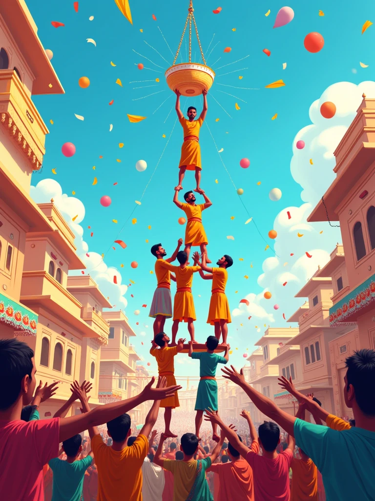 Create a vibrant and festive illustration of the Gopal Kala festival, capturing the joyful spirit of the celebration. The scene should include a group of young men forming a human pyramid, attempting to break the Dahi Handi (a pot filled with curd) suspended high above them. Surrounding them, a lively crowd of people, dressed in traditional colorful attire, is cheering and throwing flowers. The backdrop features traditional Indian architecture and a bright blue sky, with festoons and banners adding to the festive atmosphere. The overall mood should be one of joy, energy, and community celebration