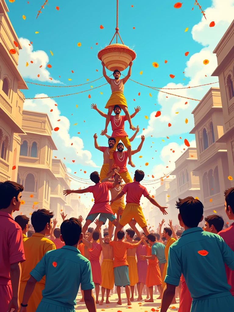 Create a vibrant and festive illustration of the Gopal Kala festival, capturing the joyful spirit of the celebration. The scene should include a group of young men forming a human pyramid, attempting to break the Dahi Handi (a pot filled with curd) suspended high above them. Surrounding them, a lively crowd of people, dressed in traditional colorful attire, is cheering and throwing flowers. The backdrop features traditional Indian architecture and a bright blue sky, with festoons and banners adding to the festive atmosphere. The overall mood should be one of joy, energy, and community celebration