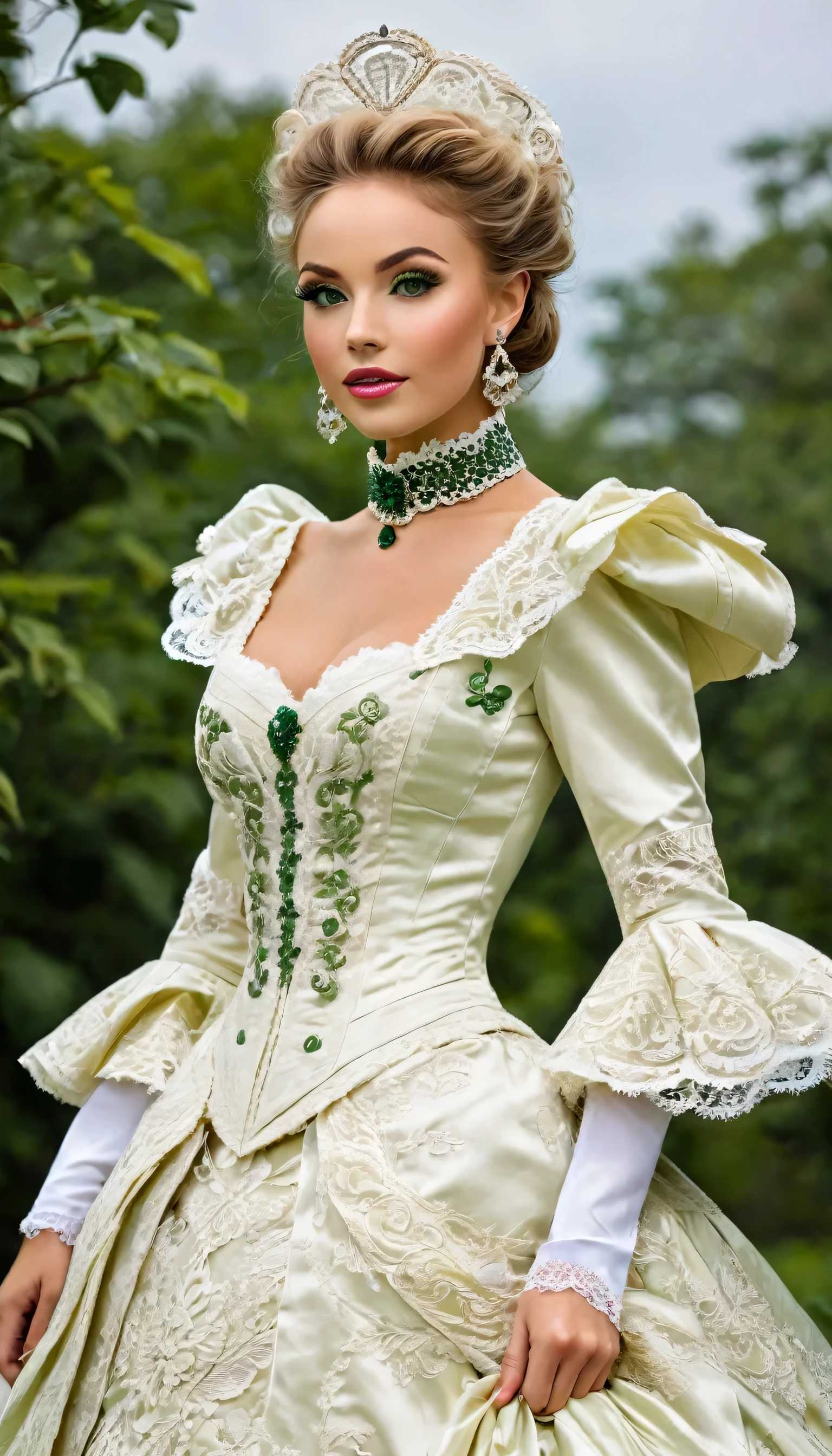 There is a beautiful woman, blue eyed blonde, (in dark-green and white dress), (Victoria style suit), 1 8 7 0 s Seasonal clothing, Victorian Clothes, victory, victorian dress, 1 8 8 0 s style, in victorian aristocrat, usando Victorian Clothes, intricate victorian dress, victorian inspired clothing, com Victorian Clothes, wearing clothes from the 1860s, panier,very long eyelashes, half open mouth, a whole body photo,big diamond collar, big diamond earrings,pink shiny lipgloss, big breasts, very tiny laced waist, corseted women,full body photography, full body shot