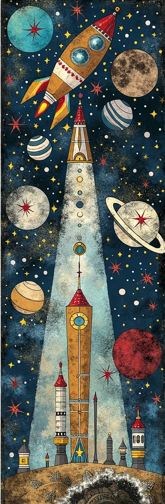 The image features a whimsical and stylized depiction of space with a large, central rocket ship taking up the majority of the vertical frame. The rocket is adorned with various patterns and windows, surrounded by planets, stars, and smaller spacecraft. The background is dark blue, resembling the night sky. There are celestial bodies like planets with different sizes and colors, some with rings around them. The style appears to be artistic rather than realistic, giving an imaginative representation of space exploration.