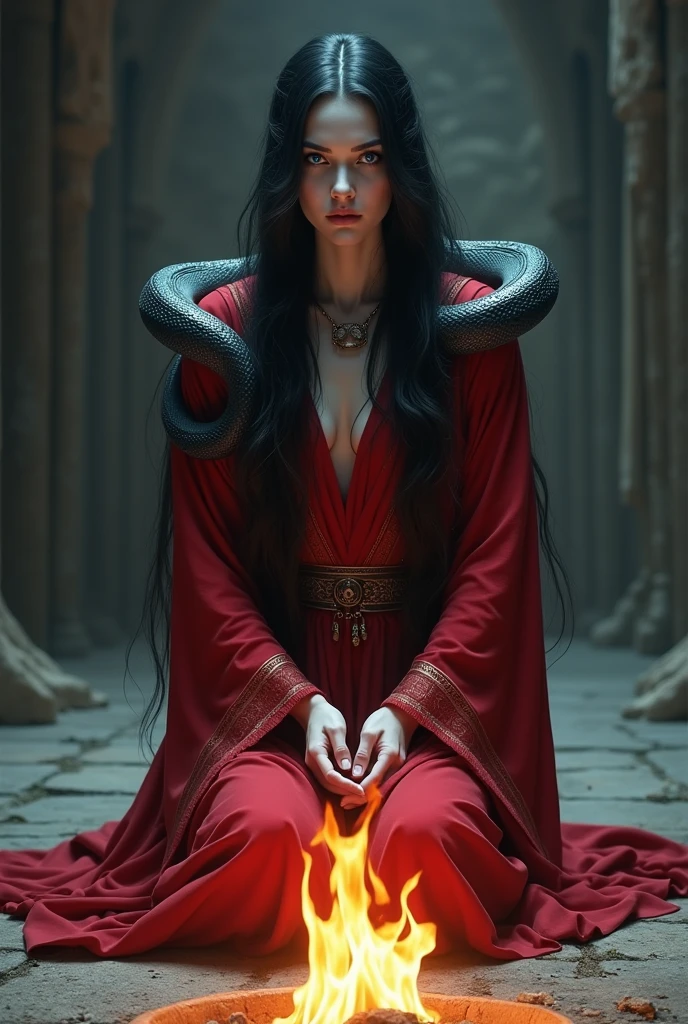 A priestess kneeling in front of the fire in red robes performing a ritual, brown skin, black hair, blue eyes,  snakes on their shoulders