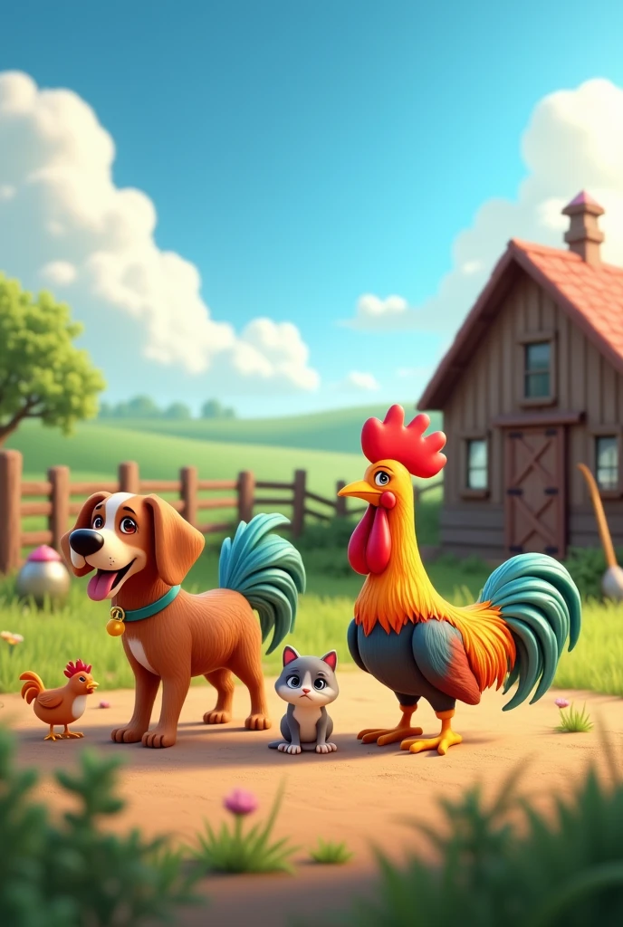 dog a rooster a cat on a farm