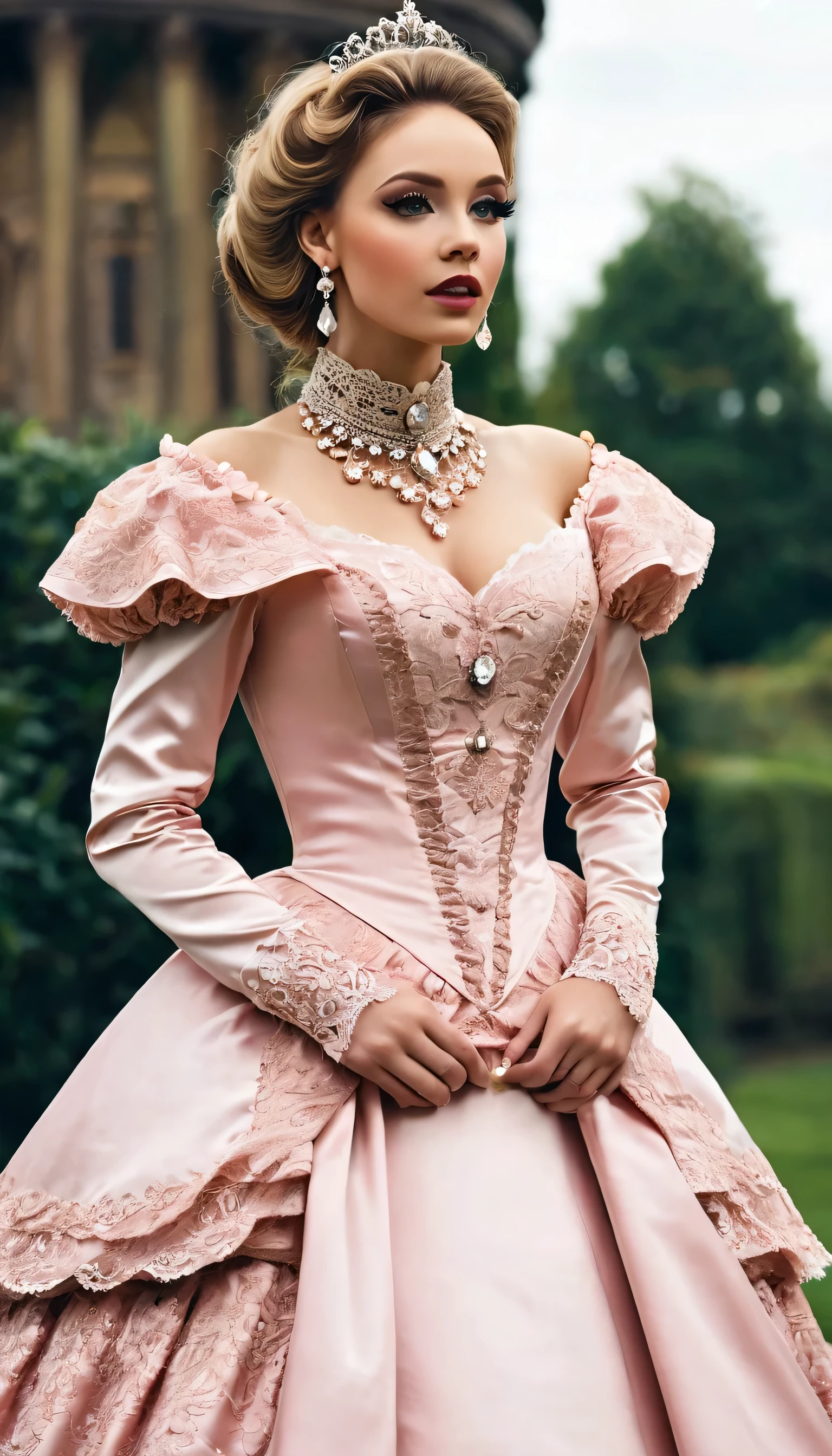 There is a beautiful woman, blue eyed blonde, (in neon-pink and black dress), (Victoria style suit), 1 8 7 0 s Seasonal clothing, Victorian Clothes, victory, victorian dress, 1 8 8 0 s style, in victorian aristocrat, usando Victorian Clothes, intricate victorian dress, victorian inspired clothing, com Victorian Clothes, wearing clothes from the 1860s, panier,pourse over her right schoulder, very long eyelashes, half open mouth, a whole body photo,big diamond collar, big diamond earrings,pink shiny lipgloss, big breasts, very tiny laced waist, corseted women,full body photography, full body shot