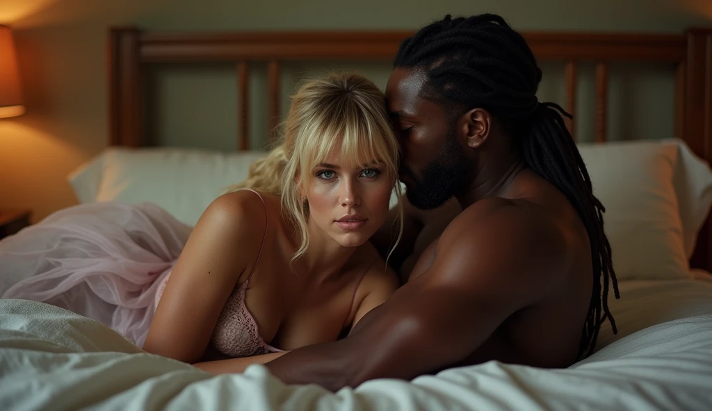 (Photorealsitic:1.4), (masterpiece:1.3), (top-quality:1.4), ultrarealistic
sexy well proportioned, full body of
((innocent and (sexy) little middle age woman and tall (muscular) black man )) ,
lycra black thong , powerful haw, dreadlocks, detailed long dreadlocks,
she bright expression, extremely beautyful, amazing beautyful, Extraordinary beautiful, Detailed cute and beautiful face, perky small nose, Beautiful bangs, Glowing white shiny skin, Bangs that extend to the face,
(cozy night bedroom),
alternative vibe,beautiful big blue eyes,freckles, short ponytail blonde hair,tight body,
vibrant lighting, high contrast,dramatic shadows,highly detailed,detailed skin,depth of field,dynamic angle,glimmer lighting, film grain,
woman (white transparent gauze gown, pink undies)
man thong,
he lying on his back on bed, she mounted on his hips, he holding her legs, he kissing her neck with desire, 5 fingers, passionate pose,, sitting on a big cock , penetration, ((naked:1.5)), massive tits, massive ass