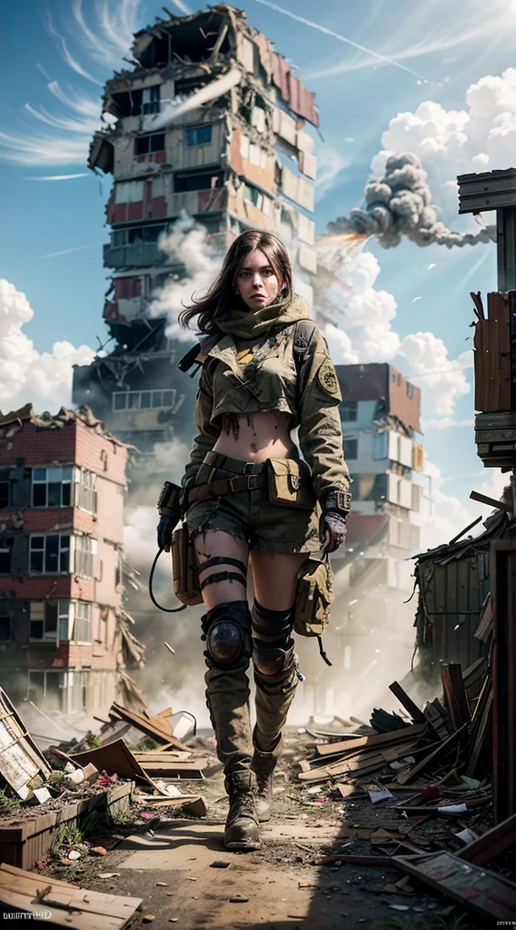 man and woman couple, man and woman, Combat Uniform, ruins, masterpiece, best quality, high resolution, Rich details, 8k, extreme light and shadow, Image of a beautiful young woman wearing yellow tactical gear, dirty and dusty , 무너진 도시의 ruins가 된 거리를 걸어보세요, Post-apocalypse, Smoke and fog in the air, The yellow-gray sky bursts open, covered with toxic clouds.., collapsed buildings, Broken streets, tall body, detailed face, detailed eyes, cold face, dirty, (Post-apocalypse theme),backlight, Fierce expression