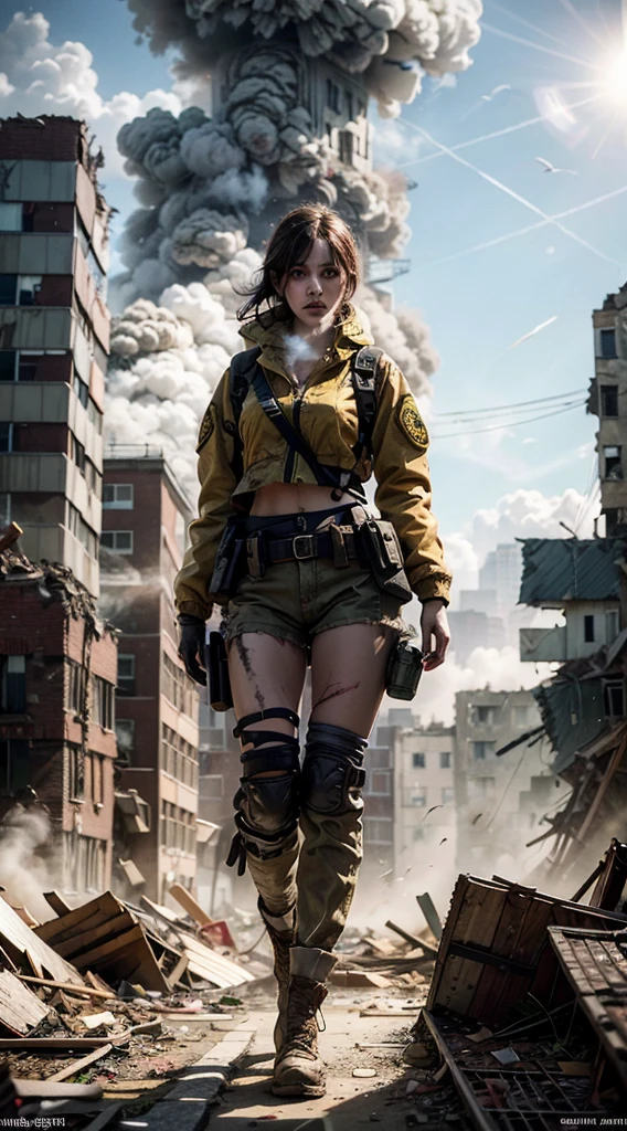man and woman couple, man and woman, Combat Uniform, ruins, masterpiece, best quality, high resolution, Rich details, 8k, extreme light and shadow, Image of a beautiful young woman wearing yellow tactical gear, dirty and dusty , 무너진 도시의 ruins가 된 거리를 걸어보세요, Post-apocalypse, Smoke and fog in the air, The yellow-gray sky bursts open, covered with toxic clouds.., collapsed buildings, Broken streets, tall body, detailed face, detailed eyes, cold face, dirty, (Post-apocalypse theme),backlight, Fierce expression