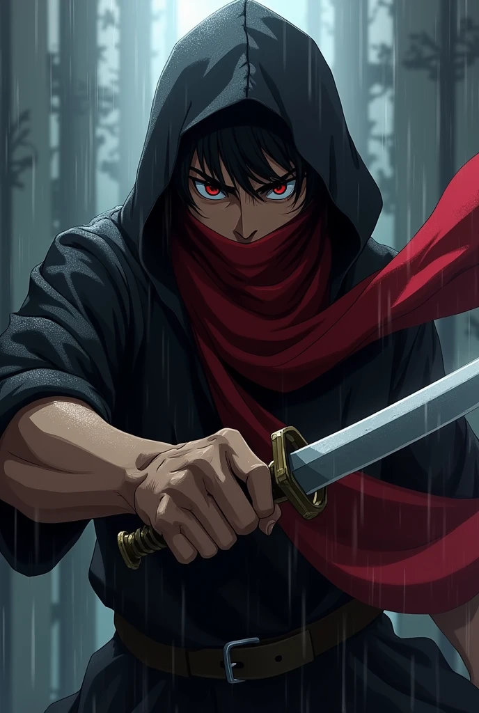 An anime character:
brown skinned man, Bblack hair, Eyes red, short beard.
killer hooded look, black color with a long red scarf hiding her mouth and nose.
dagger in his hand in attack position.
rainy weather.