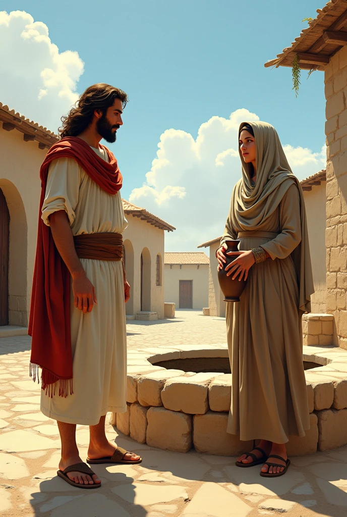 A light-skinned man, with Jewish features, with a beard and brown hair of 1.81 of athletic build dressed in a bone-colored tunic and sandals sitting in a stone well talking to a woman with a matte complexion and black hair dressed in a tunic and veil on her head and a vessel in her hands who is standing on a sunny day and nearby you can see a Samaritan village from the 1st century