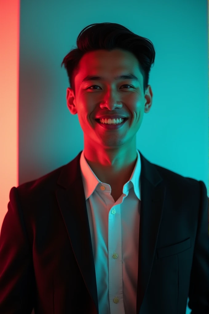 A young man with dark hair and a confident smile. He is dressed in a black blazer over a white shirt. The man is positioned against aqua colour backdrop with a subtle red lighting on the left side. and he posing for Linkedin profile