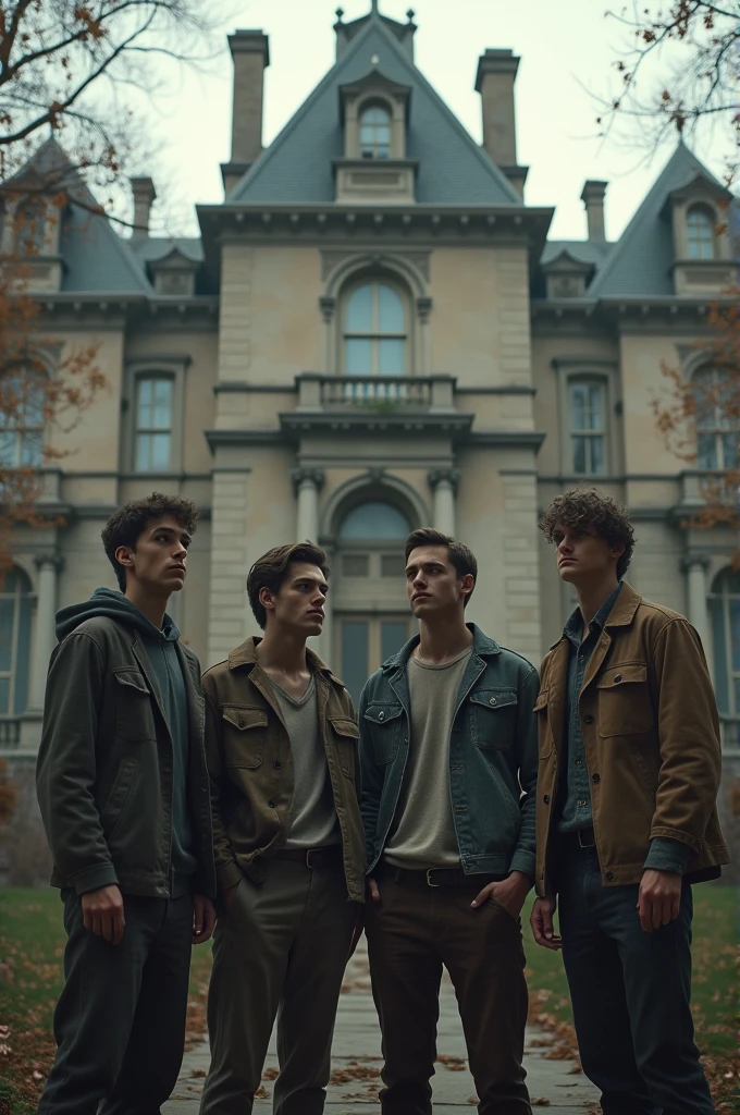 The four young men
standing outside the mansion, looking relieved but contemplative, with the ancient building behind them and a sense of newfound courage on their faces.