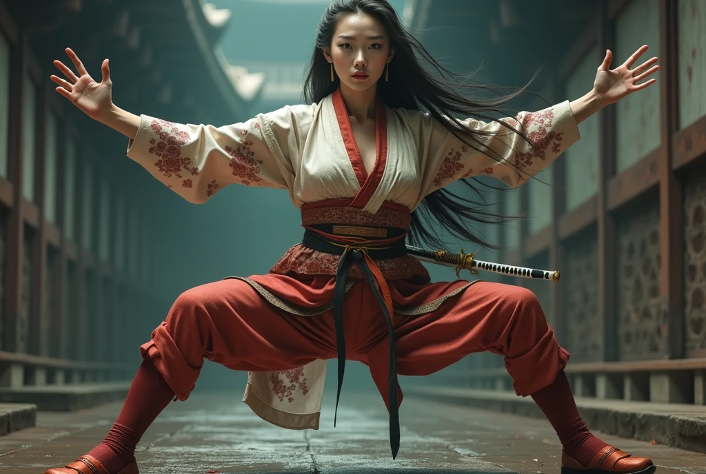(8K, highest quality, masterpiece:1.2), (realistic:1.4), Raw photo, highest quality, ultra high resolution, best shadow, (full body:1), historical heroine, cleavage, Swordmaster, kabuki, (samurai sword), large scale amazing environment, horror, dark horror, highly detailed facial features, beautiful and perfect face, perfect eyes, perfect fingers,