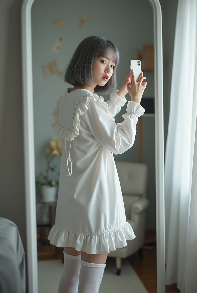 highly detailed, beautiful, hyper Realistic girl, masterpiece, best quality, Depict a mysterious and sophisticated beautiful Japanese gravure model,, 28-years-old, identity hidden, all body shot, /// wearing a perfect sexy Pierrot costume, white theme, stripe Knee-high socks, zettai ryouiki, Thick-soled sneakers, /// gray arranged hair, small head, Detailed face, cute and Pretty slim face, Duck mouth, perfect beautiful Tooth, arranged gray hair, shiny eyes, blue-colored eyes, Realistic skin, Detailed face, /// Monotone simple modern taste single room, mirror, complicated background /// takes a selfie in her room using a smartphone in front of a mirror with one hand, standing and fashion model Posing, looking away from the camera,
