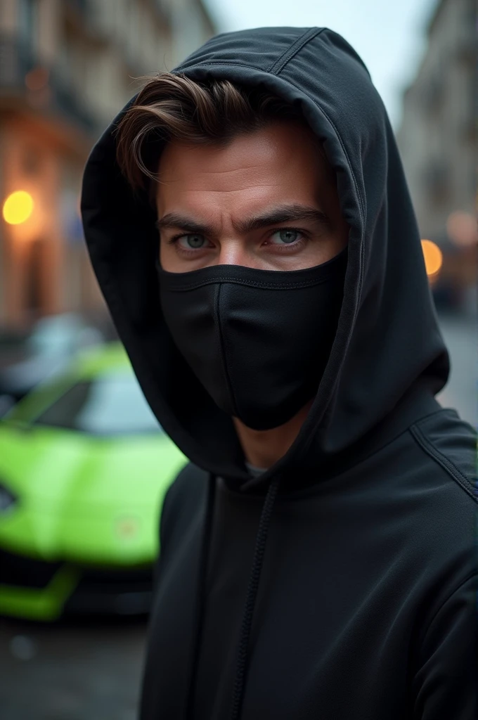 Man character very realistic for gaming YouTube channel logo with black face mask and background Lamborghini car