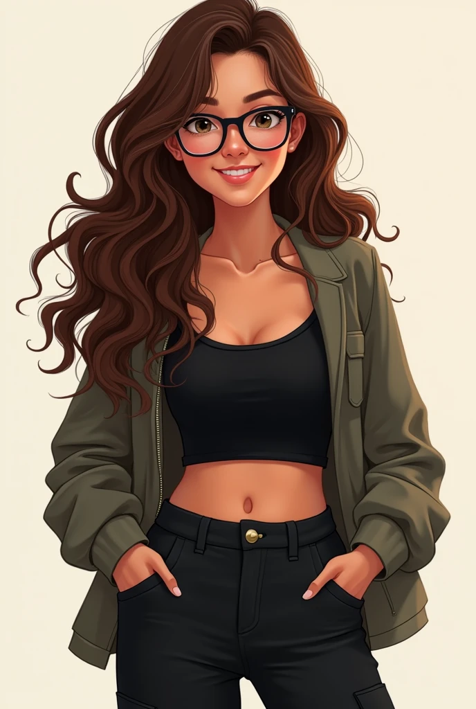 Drawing style A girl with long wavy hair 2c brown skin wears glasses black cargo pants black top and jacket And a beautiful smile