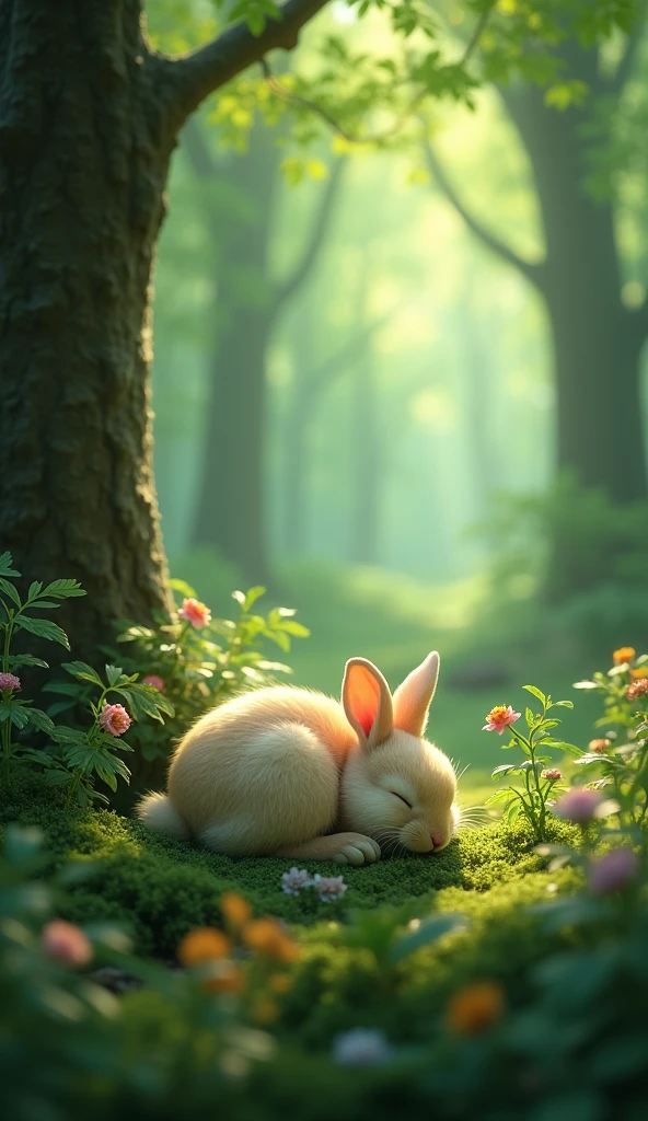 Sleeping rabbit in gree forest 