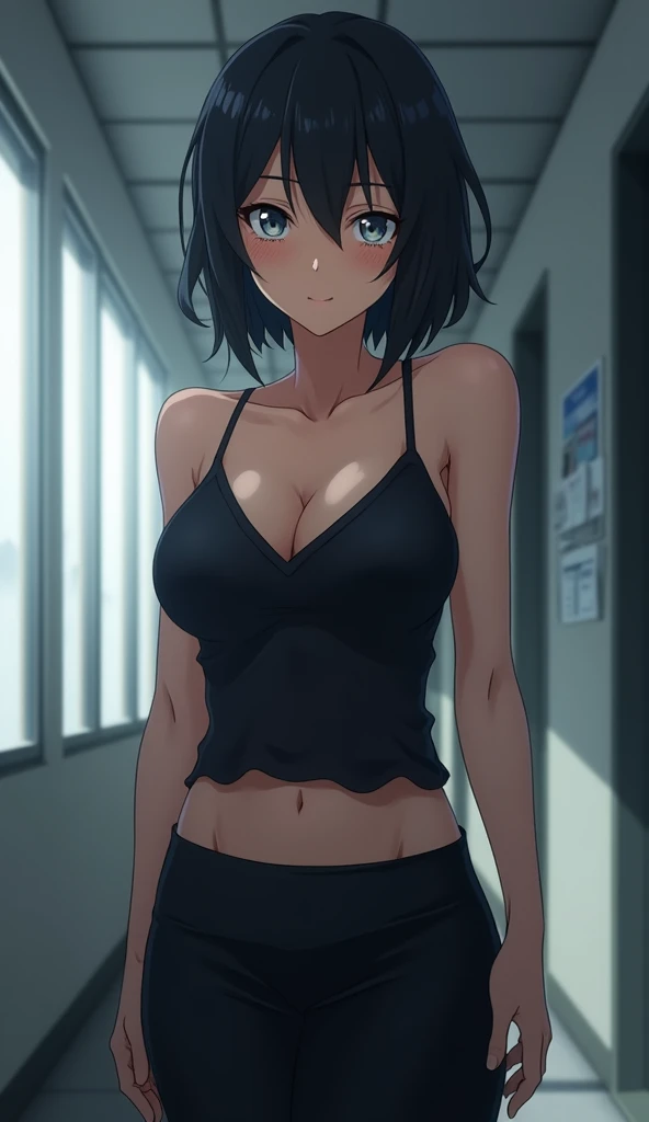 (masterpiece), cheered up, Best Quality, good anatomy, A girl, Hinata Hyuga, (full height), white eyes, big breasts, realistic face, gloomy face, looking down, dark hair, short haircut, belly button ,bare shoulders, tight black top, neckline, black pencil skirt, HIGH LEGS, nice legs, Office, Reflectors, 8K masterpiece, Super detail, movie, Best Quality, Better details, detailed face, detailed eyes, bottom chamber