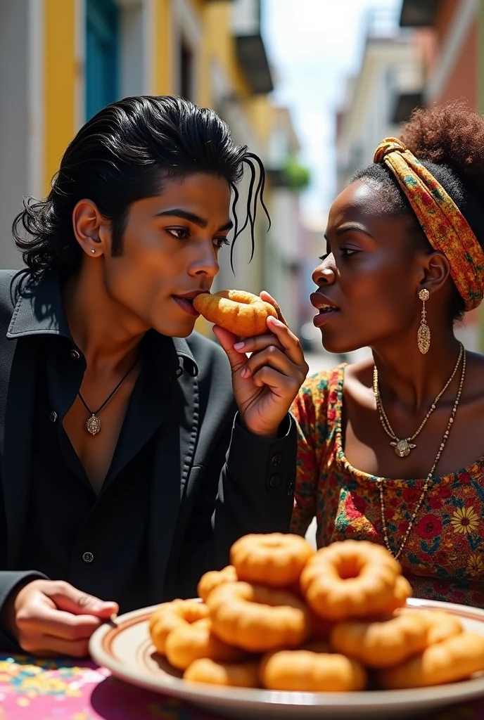 Michael Jackson eating acaraje next to a very beautiful Bahian woman in Pelourinho in Salvador Bahia