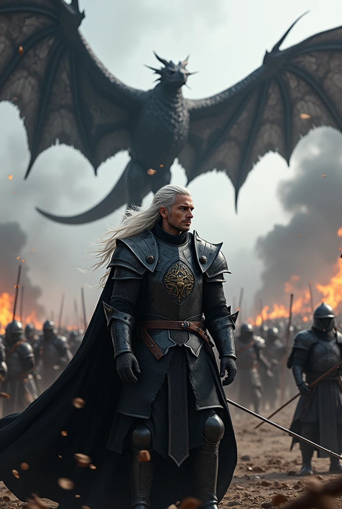 Create a detailed image of Aegon Targaryen on the battlefield and with his black dragon flying in the sky