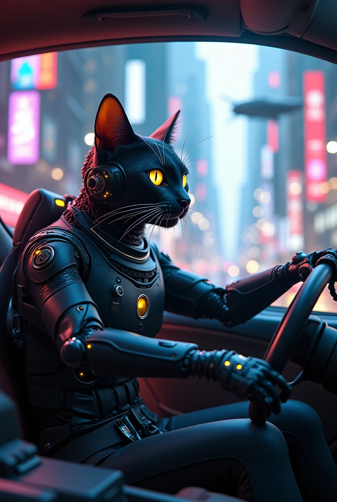 Cat in city drive car cybercat in city