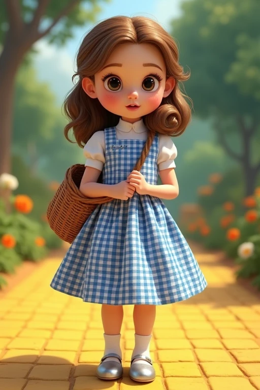 ((masterpiece)), ((best quality)), Dorothy Gale, strap silver shoes on feet, carrying a basket, small black dog, yellow brick road, perfect detailed eyes, perfect detailed face, ultra-detailed nose, charming, perfect face, dimple on cheek, depth of field, high resolution, ((real skin texture)), (well-proportioned hands), blue and white checked gingham dress, teenager (back view))
