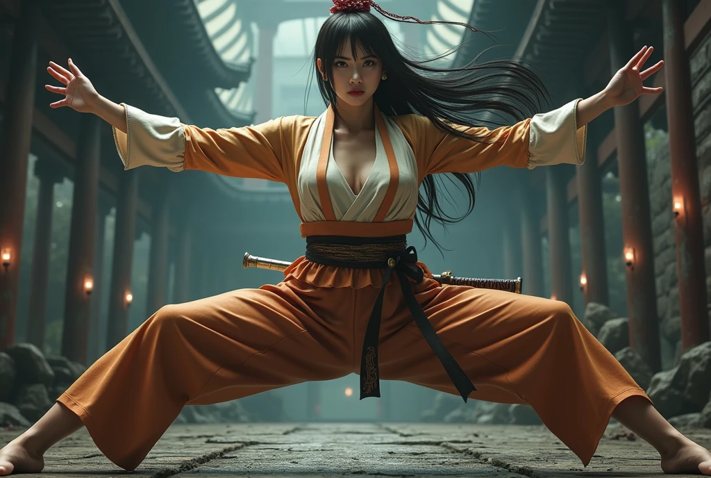 (8K, highest quality, masterpiece:1.2), (realistic:1.4), Raw photo, highest quality, ultra high resolution, best shadow, (full body:1), historical heroine, cleavage, Swordmaster, kabuki, (samurai sword), large scale amazing environment, horror, dark horror, highly detailed facial features, beautiful and perfect face, perfect eyes, perfect fingers,