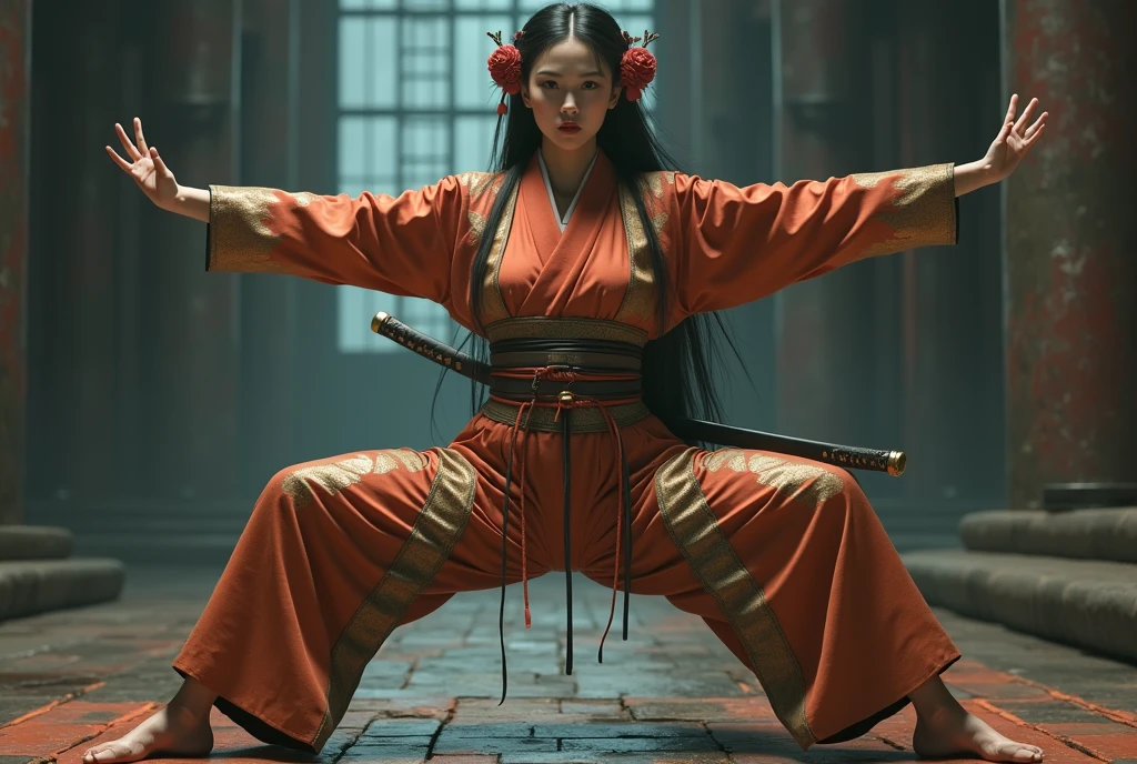 (8K, highest quality, masterpiece:1.2), (realistic:1.4), Raw photo, highest quality, ultra high resolution, best shadow, (full body:1), historical heroine, cleavage, Swordmaster, kabuki, (samurai sword), large scale amazing environment, horror, dark horror, highly detailed facial features, beautiful and perfect face, perfect eyes, perfect fingers,