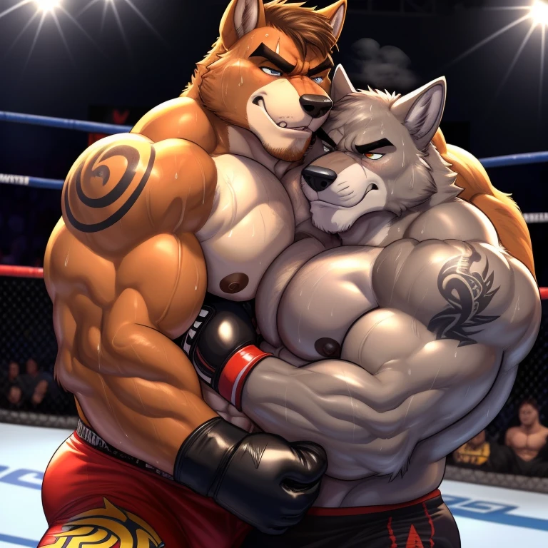 Duo male(Brown Dog punching Gray wolf on the face), handsomes(handsome hairstyle, Thick eyebrows, detailed face), gay(cuddling embraced from behind, Nipple pinching, body with body, on a UFC match), hot(Shirtless), handsomes(They are handsomes, correct anatomy), musculosos(Big muscle bodies, Six packs, muscle abs, big pecs), sweaty(very sweaty wet bodies, shiny sweat), tatuajes(they have tattoos), grumpy(Both have an grumpy expression, grumpy teeths, steaming breath), UFC gloves(They both are wearing UFC gloves), Hight resolution, by(Zourik:1.1)