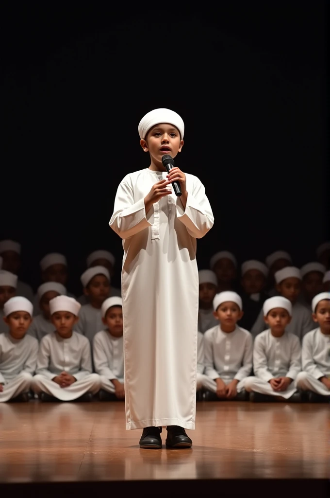 "An image of a boy singing on stage, wearing an abaya and turban, with a microphone in hand. In front of him, a group of boys, all dressed in abayas and turbans, sit attentively, capturing the entire scene in one shot."