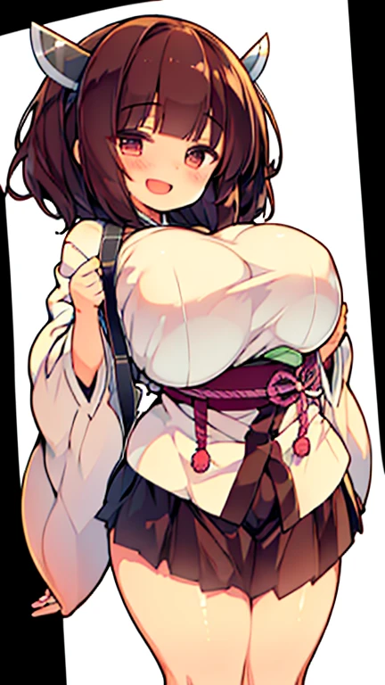  chibi cute adorable adorable ************ smile open mouth  t_kiriTan, brown short hair, japanese clothes, pleated skirt, Smile Blush (Very large breasts:1.5) (Curvy body type) (Voluptuous figure:1.2) Full body shot