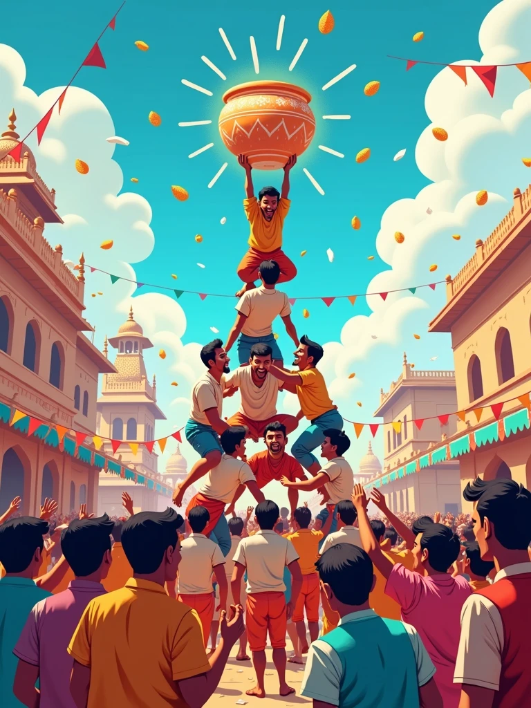 Create a vibrant and festive illustration of the Gopal Kala festival, capturing the joyful spirit of the celebration. The scene should include a group of young men forming a human pyramid, attempting to break the Dahi Handi (a pot filled with curd) suspended high above them. Surrounding them, a lively crowd of people, dressed in traditional colorful attire, is cheering and throwing flowers. The backdrop features traditional Indian architecture and a bright blue sky, with festoons and banners adding to the festive atmosphere. The overall mood should be one of joy, energy, and community celebration