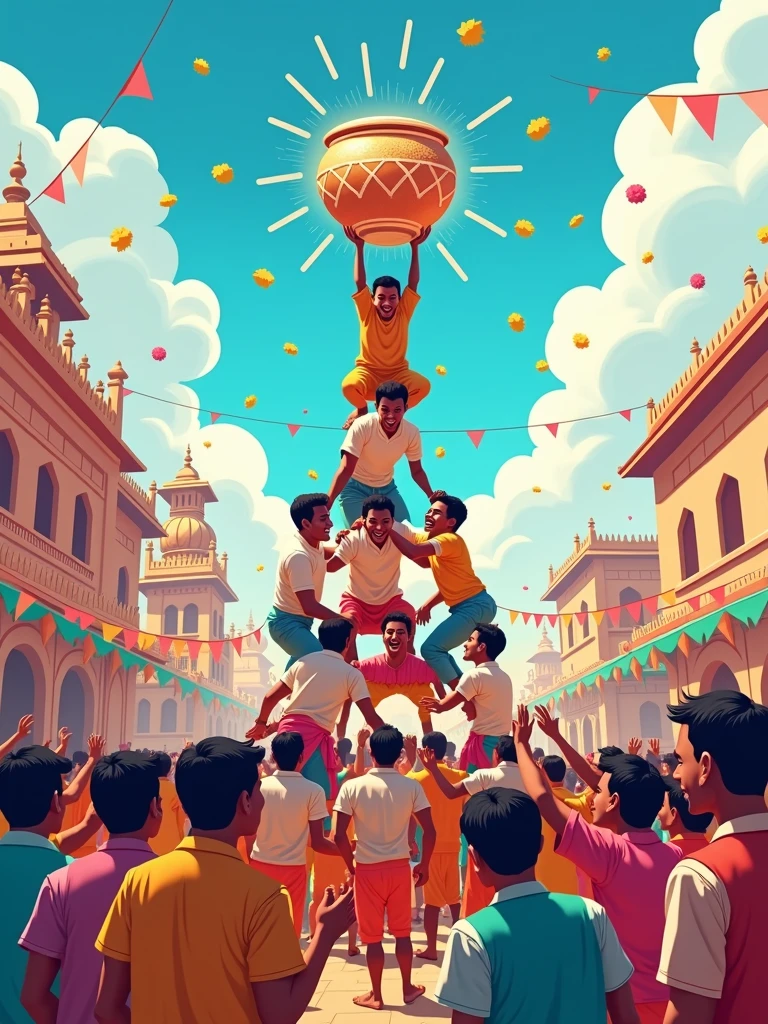 Create a vibrant and festive illustration of the Gopal Kala festival, capturing the joyful spirit of the celebration. The scene should include a group of young men forming a human pyramid, attempting to break the Dahi Handi (a pot filled with curd) suspended high above them. Surrounding them, a lively crowd of people, dressed in traditional colorful attire, is cheering and throwing flowers. The backdrop features traditional Indian architecture and a bright blue sky, with festoons and banners adding to the festive atmosphere. The overall mood should be one of joy, energy, and community celebration