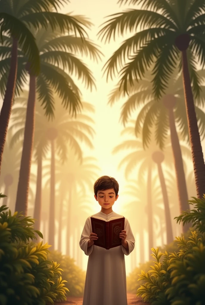 In the background are many palm trees with a Huzur and a child in the middle holding the Qur'an