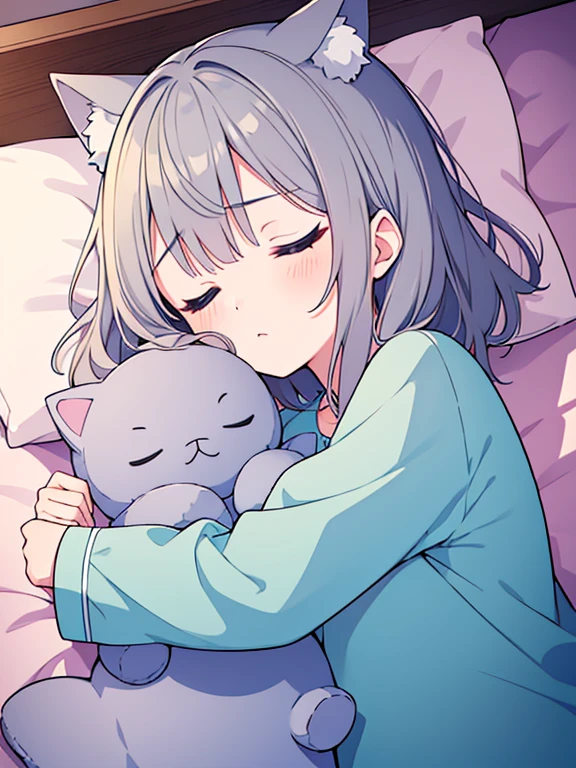 1 girl, cute, pajamas, (sleep:1.6), Close ~ eyes, (Hug a stuffed animal), (Gray Hair), Medium Hair, Cat ear, bedroom, Bed, pillow, night, indoor, Shot from above, Upper Body Shot, ((Highest quality)), ((masterpiece)), (detailed), Perfect Face, Perfect Arms, Perfect hands, Perfect Fingers, anime, Ultra-fine illustration,