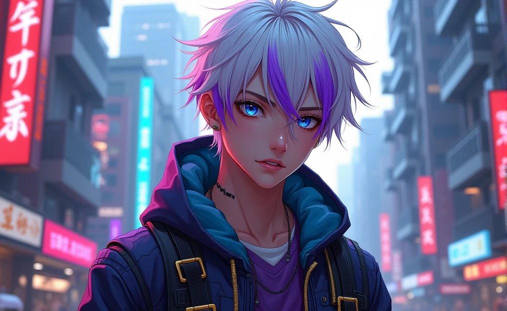Anime boy ,casque, headphones around the neck,Pantalon gris, Cheveux courts, yeux rouge , ,  manches longues cheveux entre les yeux, cheveux noire, chemise, 1boy, veste noire, Chemise rouge, , , montre, denim, Index raised, city lights, Cityscape, gratte-ciel, neon light, Nuit, Cyberpunk