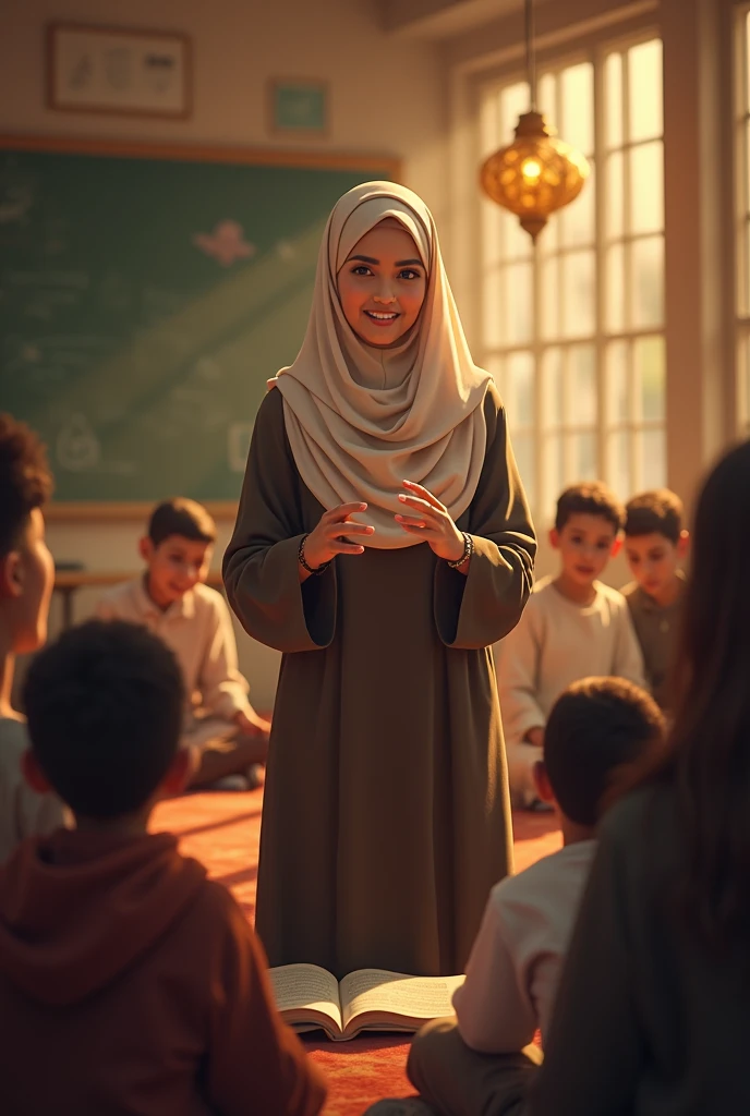 Muslim female teacher telling story to the audience