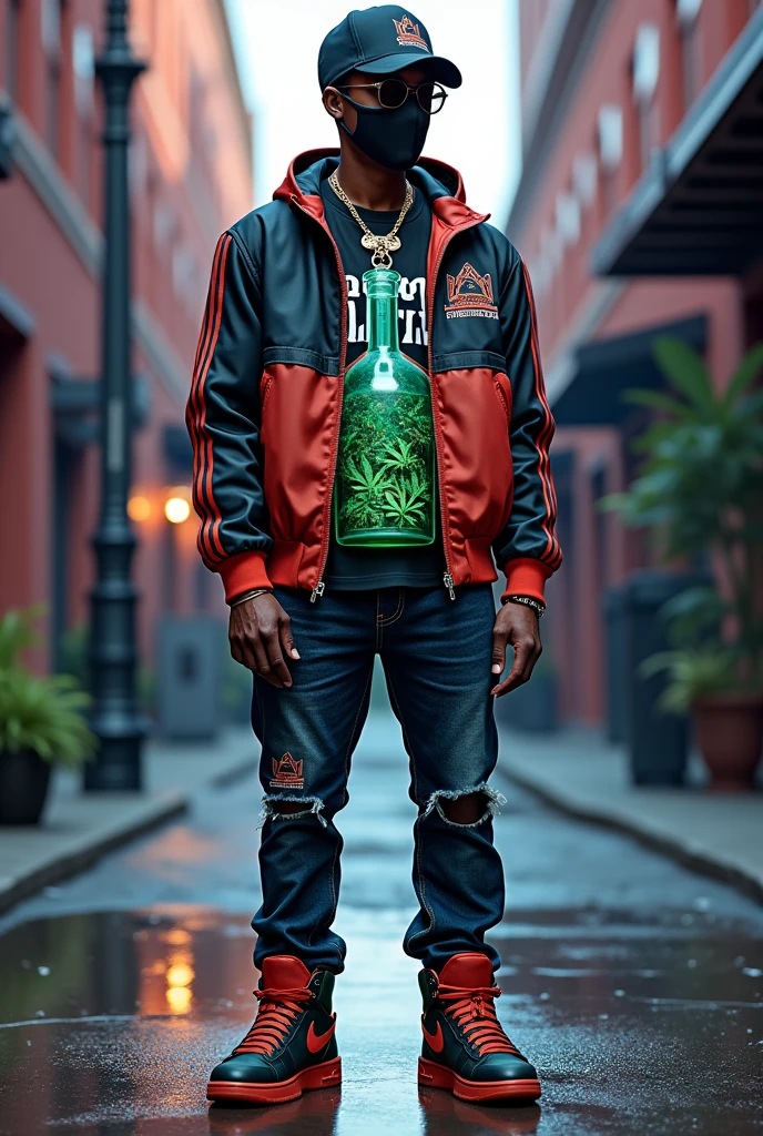design a 3d luxury business casual vibrant stoner clothes. the middle of the sports jacket is a anti-gravity bong character with indica floating inside. design matching jeans and t-shirt for the sports. design a matching skimask, and create stylish shoes to fit the theme. taylor this to the african american community. the brand name l.i.f.t. clothing should be on the clothes.