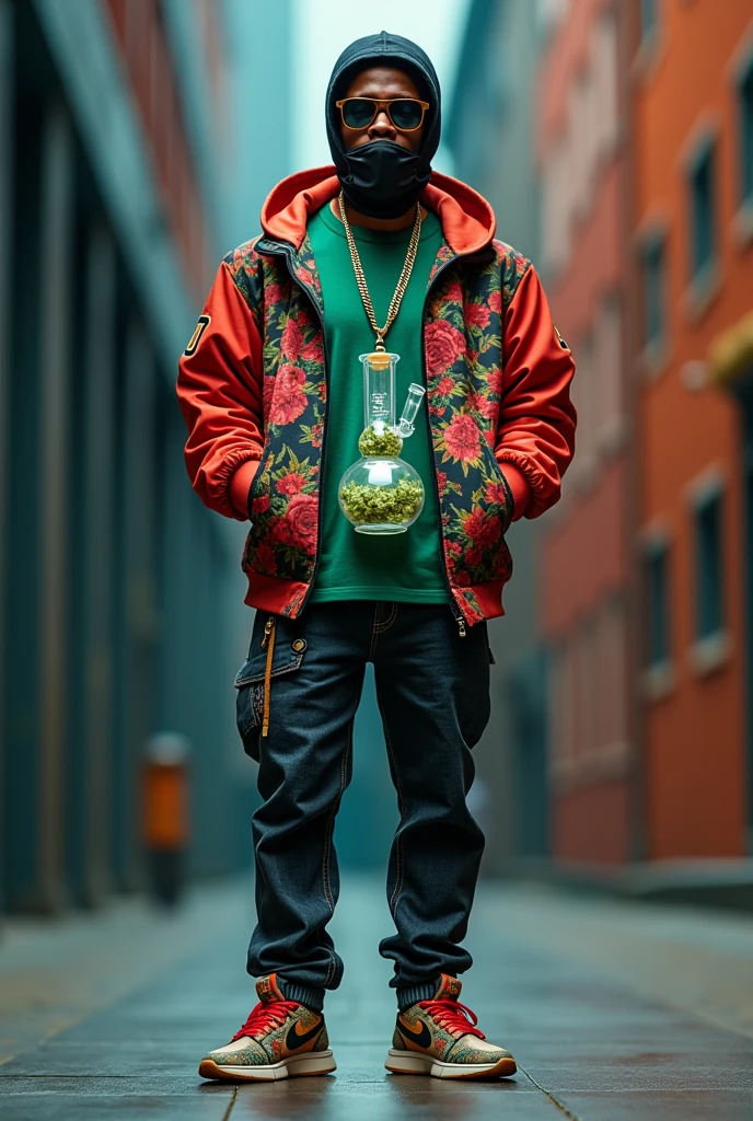 design a 3d luxury business casual vibrant stoner clothes. the middle of the sports jacket is a anti-gravity bong character with indica floating inside. design matching jeans and t-shirt for the sports. design a matching skimask, and create stylish shoes to fit the theme. taylor this to the african american community. the brand name l.i.f.t. clothing should be on the clothes.