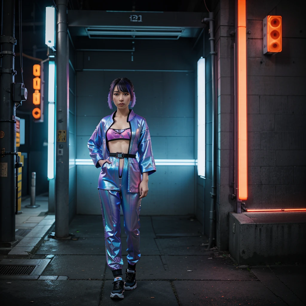 There is a woman standing in front of a wall with photos, cartoon character; full body art, Full body with costume, cosplay anime, Using a haori, wearing cyberpunk street clothes, wearing netrunner clothes, wearing an atompunk jumpsuit, iridescent sci-fi kimono, wearing Japanese technical clothing, japanese clothes, anime inspired, Stylish coat for a rave