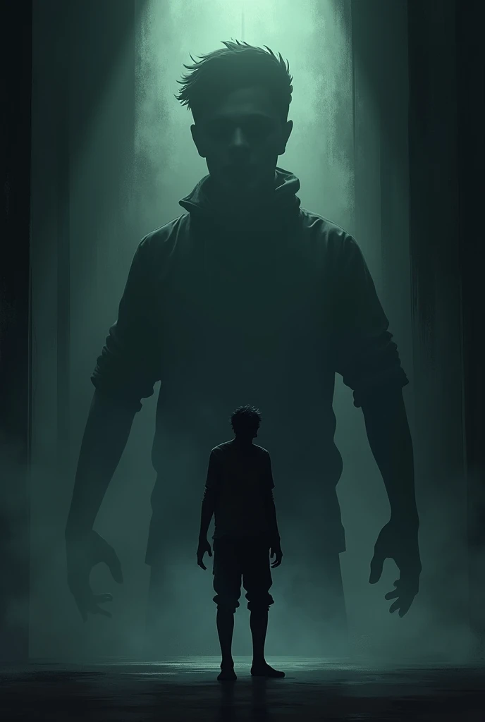 Prompt: Ramesh turning around in fear, only to realize that the shadow was his own all along. The shadow merges with his figure as he stands trembling in the dim light.