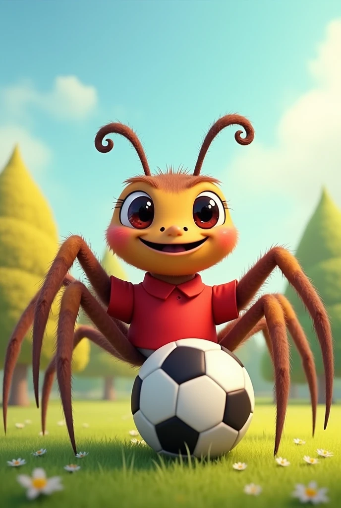 A cartoon spider in a red shirt with a soccer ball