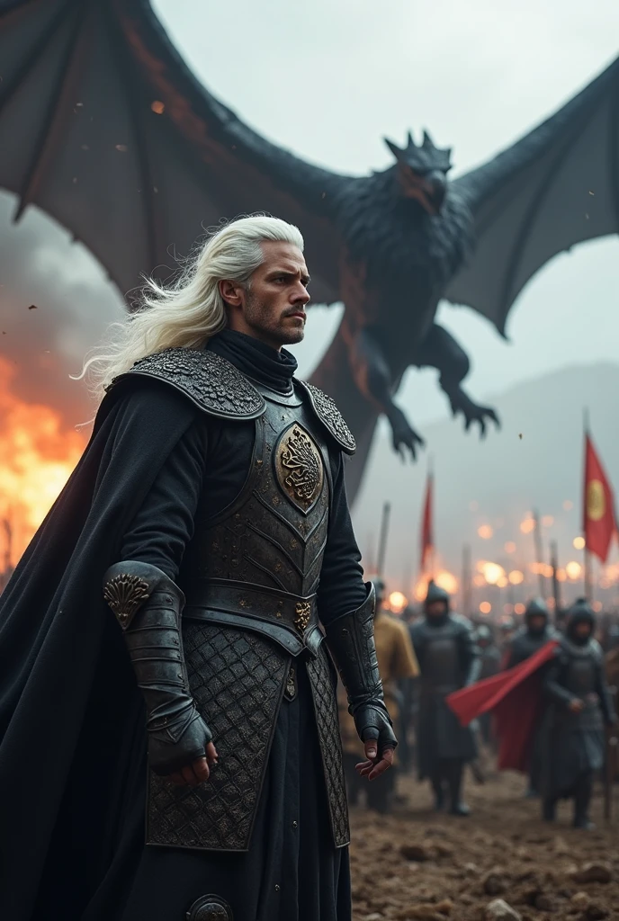 Create a detailed image of Aegon Targaryen on the battlefield and with his black dragon flying in the sky
