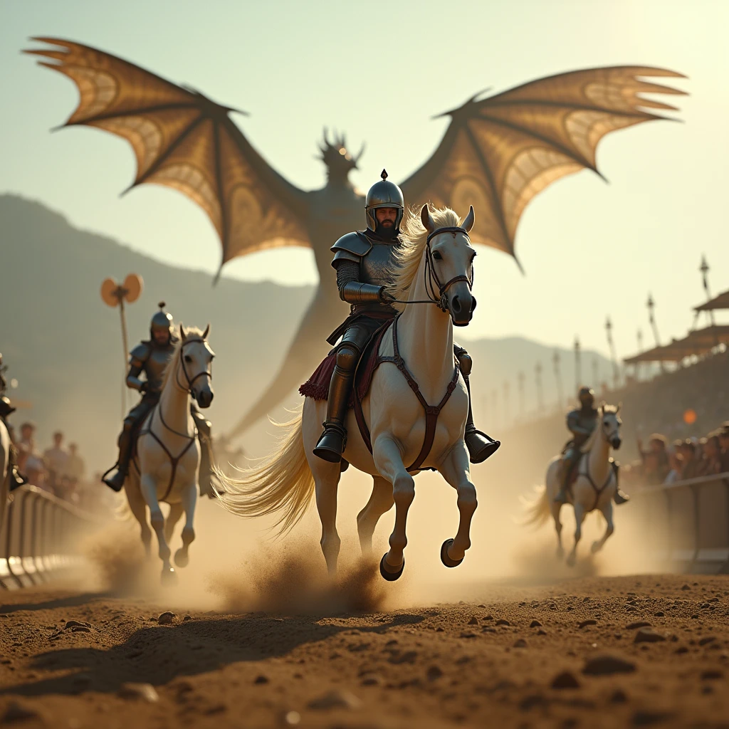 Horses are running in a race with a dragon flying overhead - SeaArt AI
