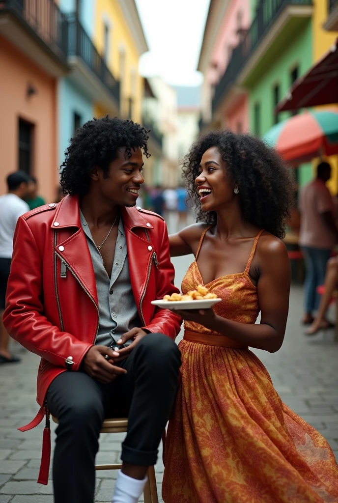 Michael Jackson, still black, eating acaraje next to a Bahian woman in Pelourinho in Salvador Bahia