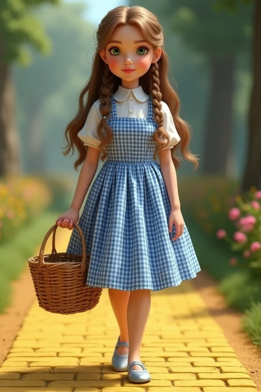 ((masterpiece)), ((best quality)), Dorothy Gale, low heel silver shoes on feet, carrying a basket over arm, yellow brick road, perfect detailed eyes, perfect detailed face, ultra-detailed nose, charming, perfect face, dimple on cheek, depth of field, high resolution, ((real skin texture)), (well-proportioned hands), blue and white checked gingham dress, teenager